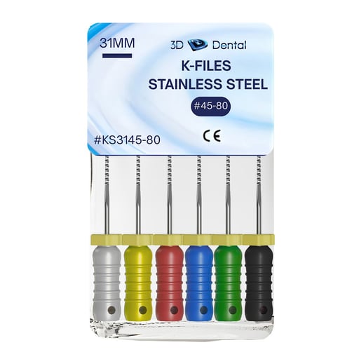3D Endo Stainless Steel K-Files, 31mm, #45-#80, 6