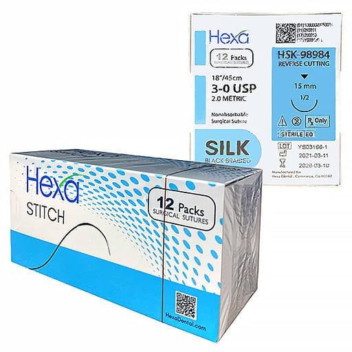 Hexa 3/0, 18" Silk Black Braided Sutures with C26