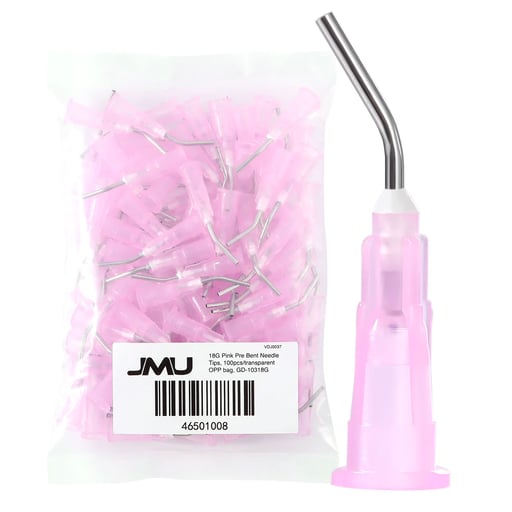 JMU Dental Pre Bent Needle Tips, 18ga, Pink, 100/