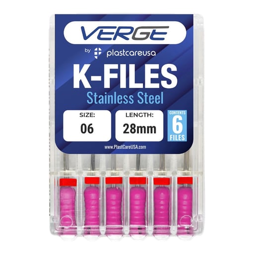 VERGE 28 mm Endo K Files, Stainless Steel, #6 Pin