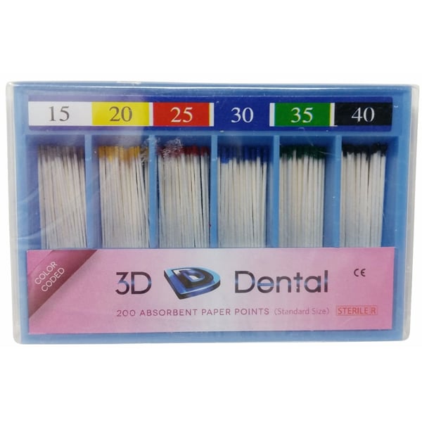 3D Dental #15-40 Absorbent Paper Points, 200/Bulk Pack. White, Hand Rolled firmly for extra