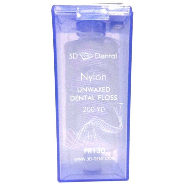 3D Dental Unwaxed Nylon Dental Floss with Dispenser Box, Refill, 200 yards. The unwaxed dental
