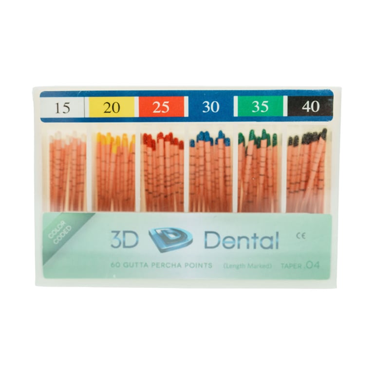 3D Endo Gutta Percha Points, #15-40, Taper Size 0.04, 60/Pk. Radiopaque root canal obturating