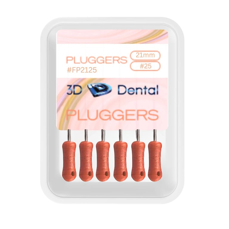 3D Endo Stainless Steel Finger Pluggers, 21 mm, #25, 6/Pk. Standardized sizes with ISO taper
