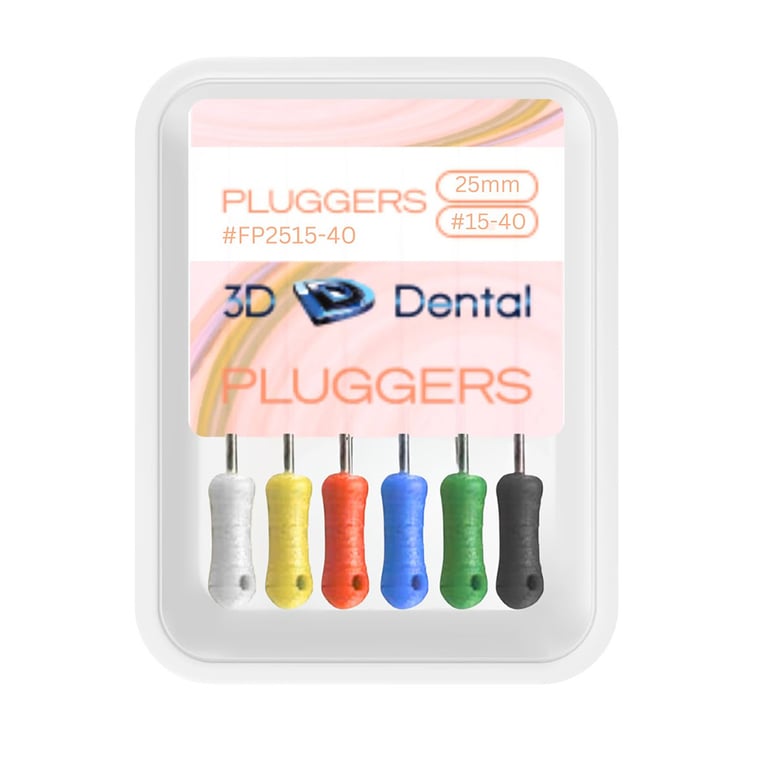 3D Endo Stainless Steel Finger Pluggers, 25 mm, #15-#40, 6/Pk. Standardized sizes with ISO taper
