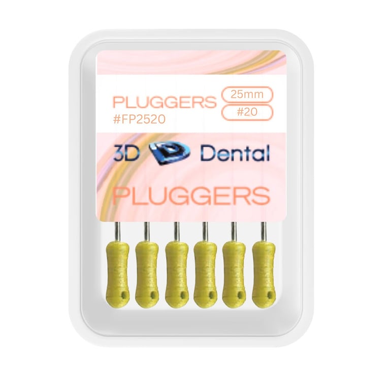 3D Endo Stainless Steel Finger Pluggers, 25 mm, #20, 6/Pk. Standardized sizes with ISO taper