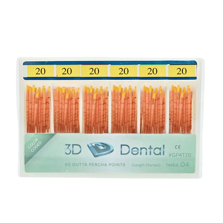 3D Endo Gutta Percha Points, #20, Taper Size 0.04, 60/Pk. Radiopaque root canal obturating points
