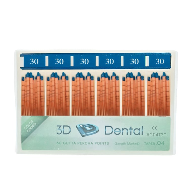 3D Endo Gutta Percha Points, #30, Taper Size 0.04, 60/Pk. Radiopaque root canal obturating points