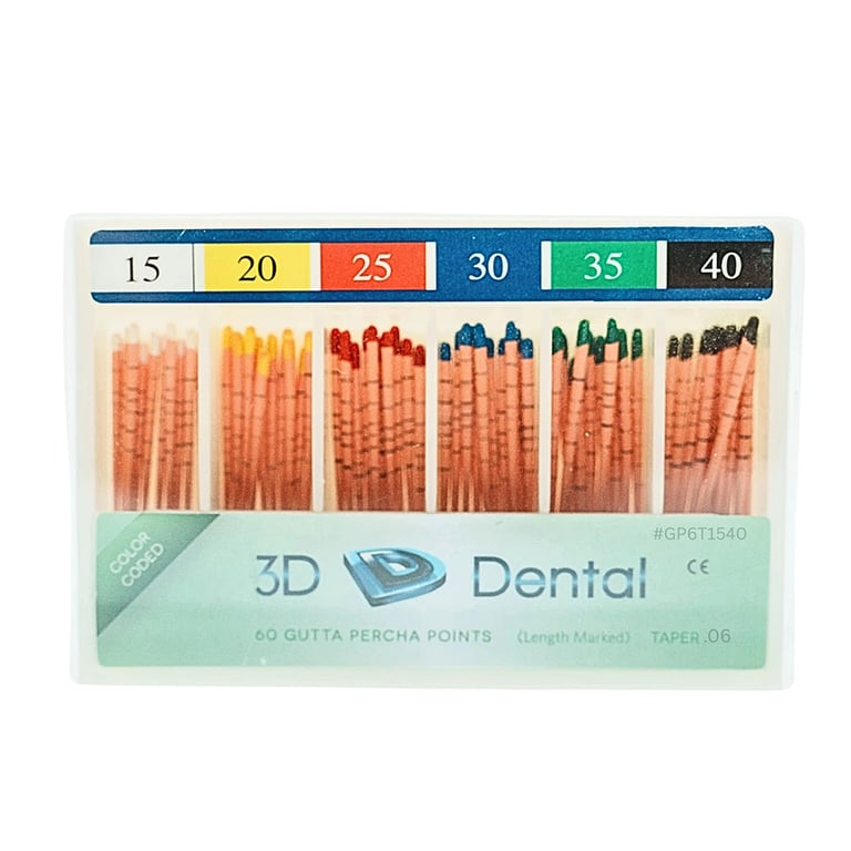 3D Endo Gutta Percha Points, #15-40, Taper Size 0.06, 60/Pk. Radiopaque root canal obturating