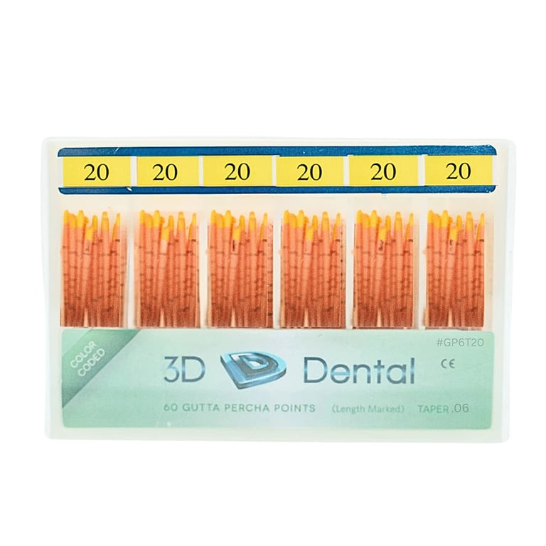 3D Endo Gutta Percha Points, #20, Taper Size 0.06, 60/Pk. Radiopaque root canal obturating points