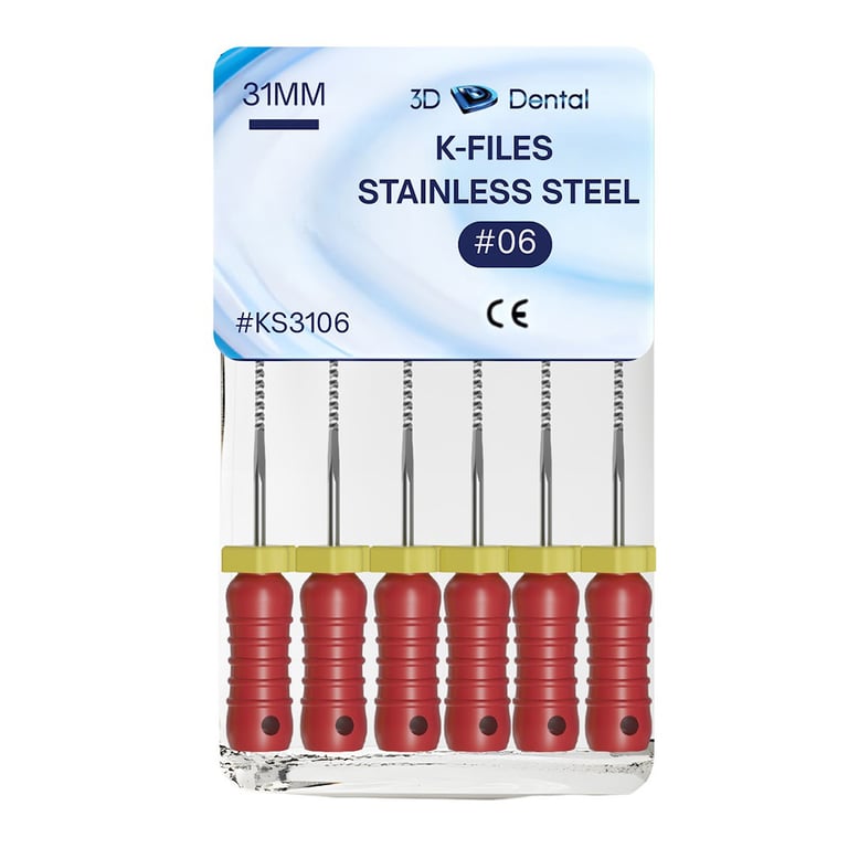 3D Endo Stainless Steel K-Files, 31mm, #06, 6/Pk. Precision machinery, features pre-mounted