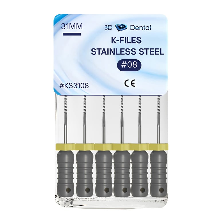 3D Endo Stainless Steel K-Files, 31mm, #08, 6/Pk. Precision machinery, features pre-mounted