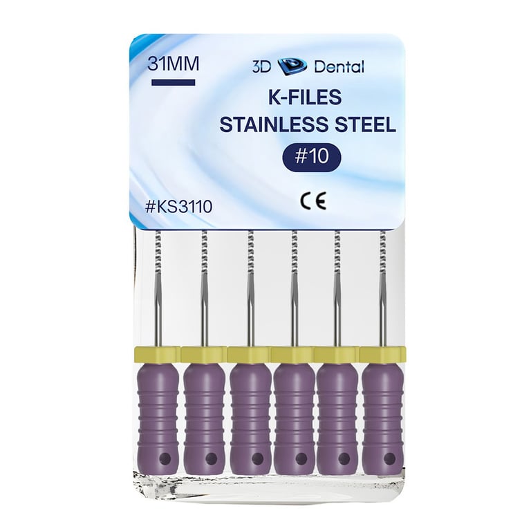 3D Endo Stainless Steel K-Files, 31mm, #10, 6/Pk. Precision machinery, features pre-mounted
