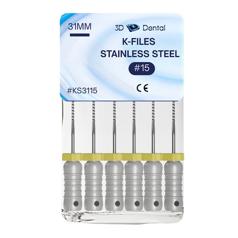3D Endo Stainless Steel K-Files, 31mm, #15, 6/Pk. Precision machinery, features pre-mounted