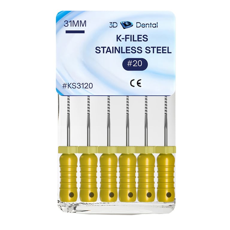 3D Endo Stainless Steel K-Files, 31mm, #20, 6/Pk. Precision machinery, features pre-mounted
