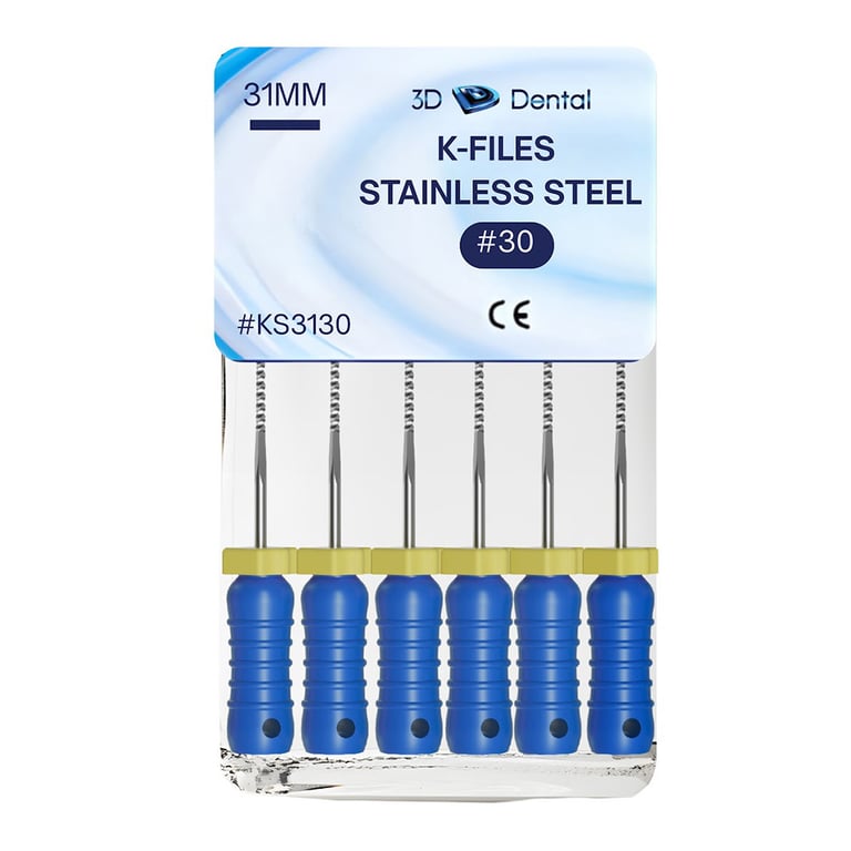 3D Endo Stainless Steel K-Files, 31mm, #30, 6/Pk. Precision machinery, features pre-mounted