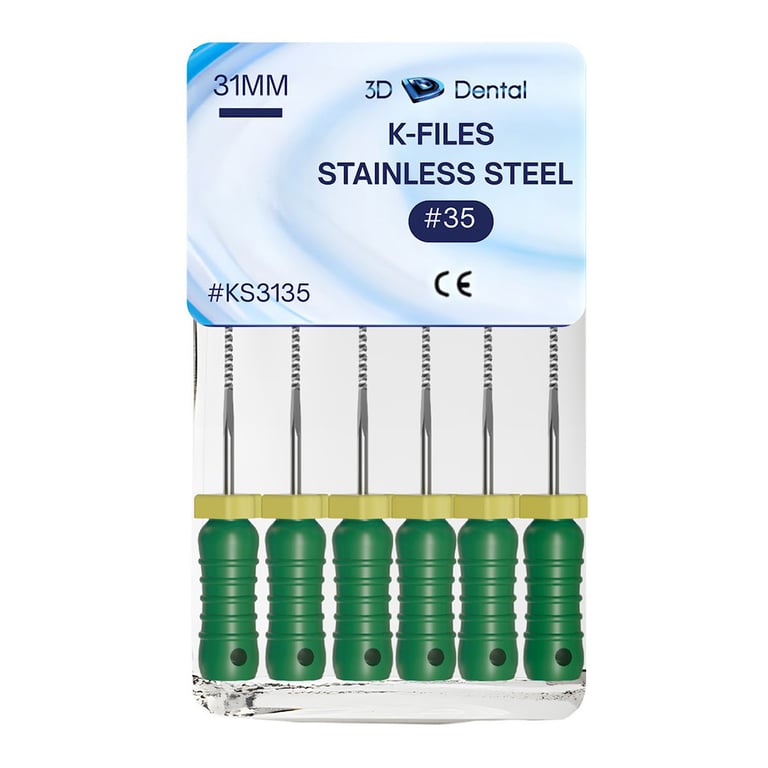 3D Endo Stainless Steel K-Files, 31mm, #35, 6/Pk. Precision machinery, features pre-mounted