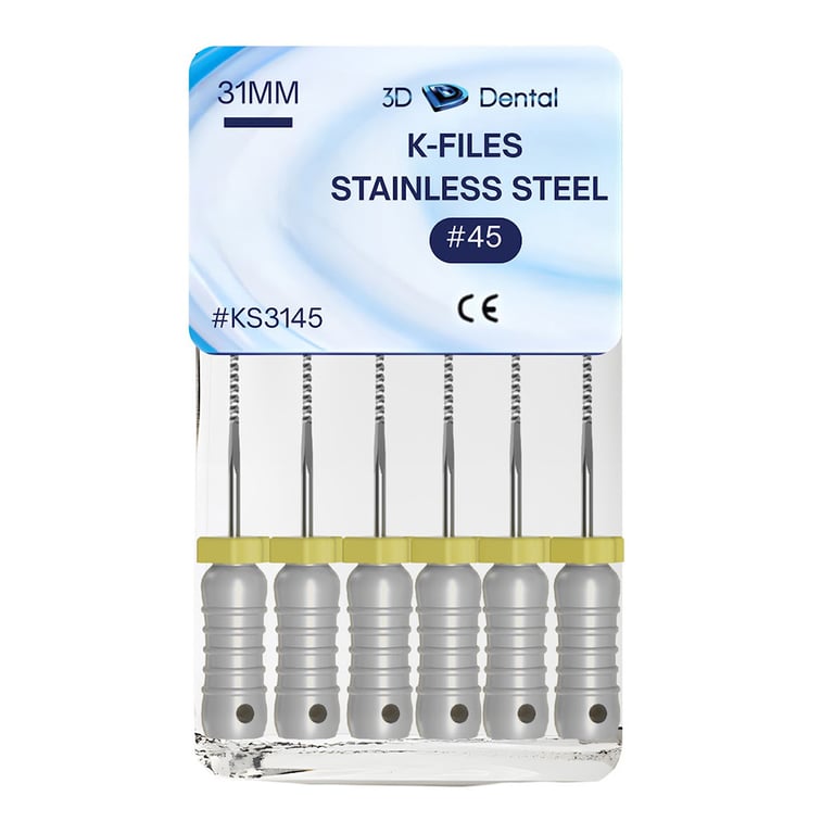 3D Endo Stainless Steel K-Files, 31mm, #45, 6/Pk. Precision machinery, features pre-mounted