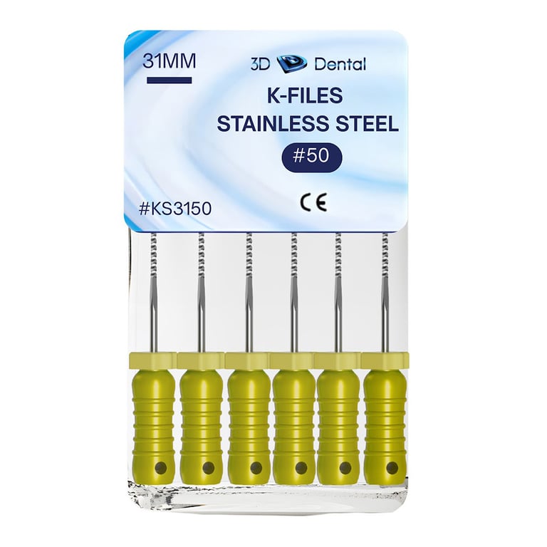 3D Endo Stainless Steel K-Files, 31mm, #50, 6/Pk. Precision machinery, features pre-mounted