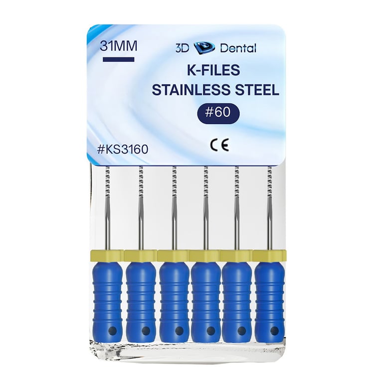 3D Endo Stainless Steel K-Files, 31mm, #60, 6/Pk. Precision machinery, features pre-mounted