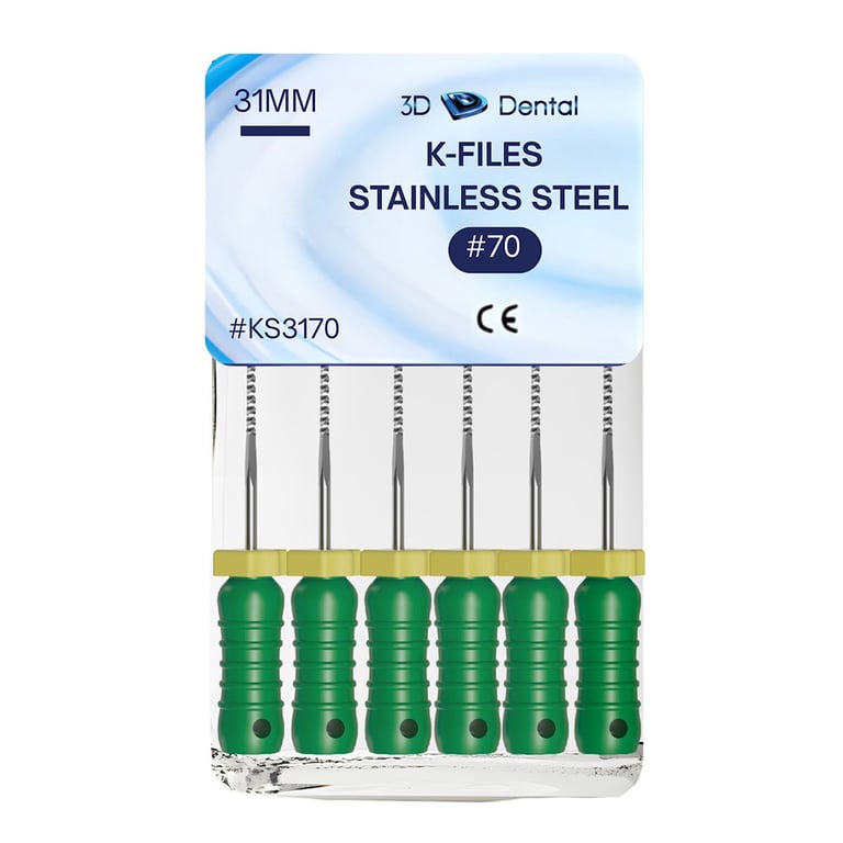 3D Endo Stainless Steel K-Files, 31mm, #70, 6/Pk. Precision machinery, features pre-mounted