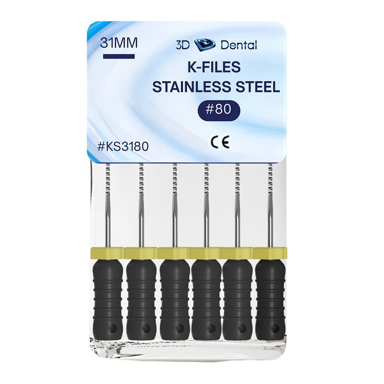 3D Endo Stainless Steel K-Files, 31mm, #80, 6/Pk. Precision machinery, features pre-mounted