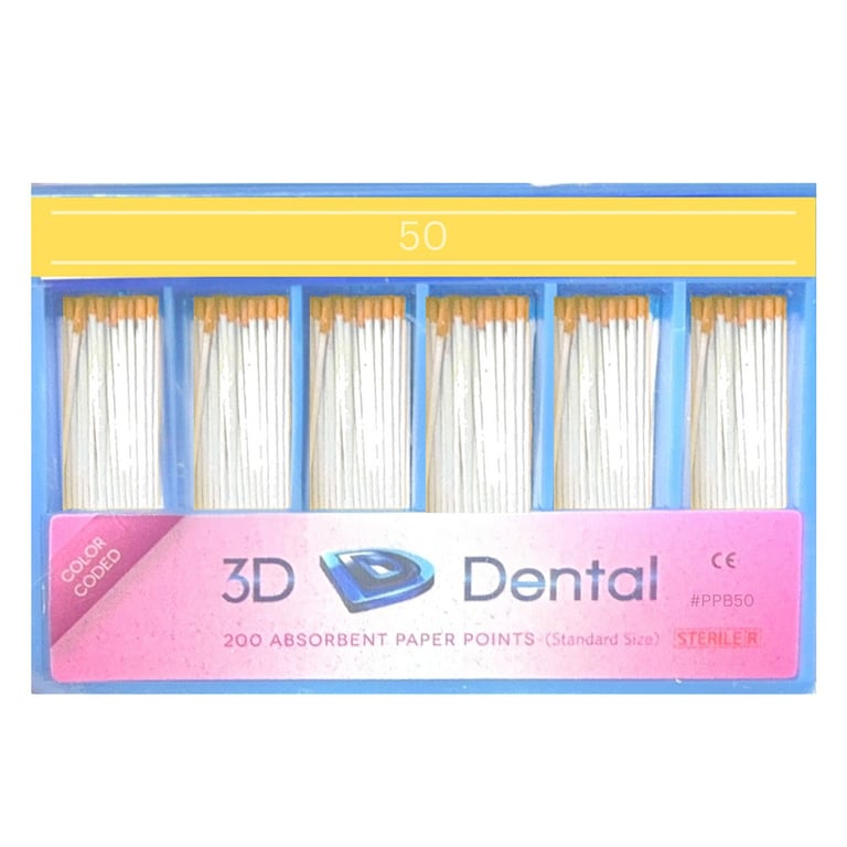 3D Endo Absorbent Paper Points, #50, 200/Pk. Hand rolled for extra absorbency, rolled firmly