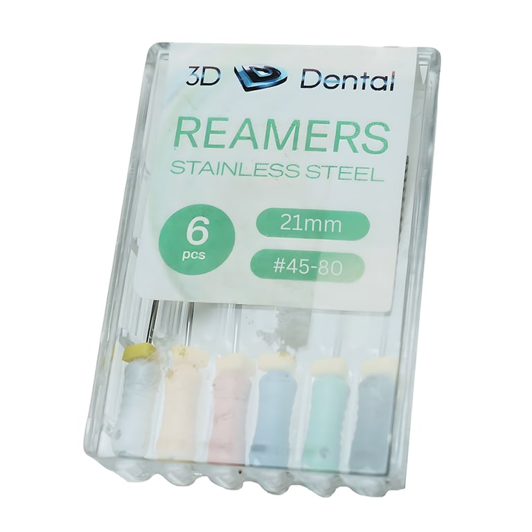 3D Endo Stainless Steel Reamers, 21mm, #45-#80, 6/Pk. Featuring pre-mounted silicone stops, ribbed