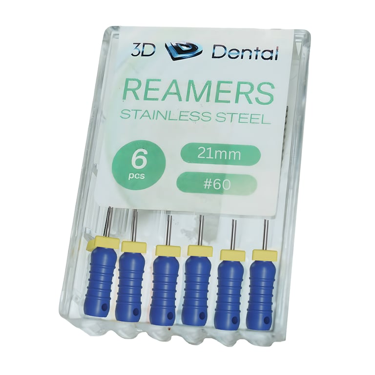 3D Endo Stainless Steel Reamers, 21mm, #60, 6/Pk. Featuring pre-mounted silicone stops, ribbed