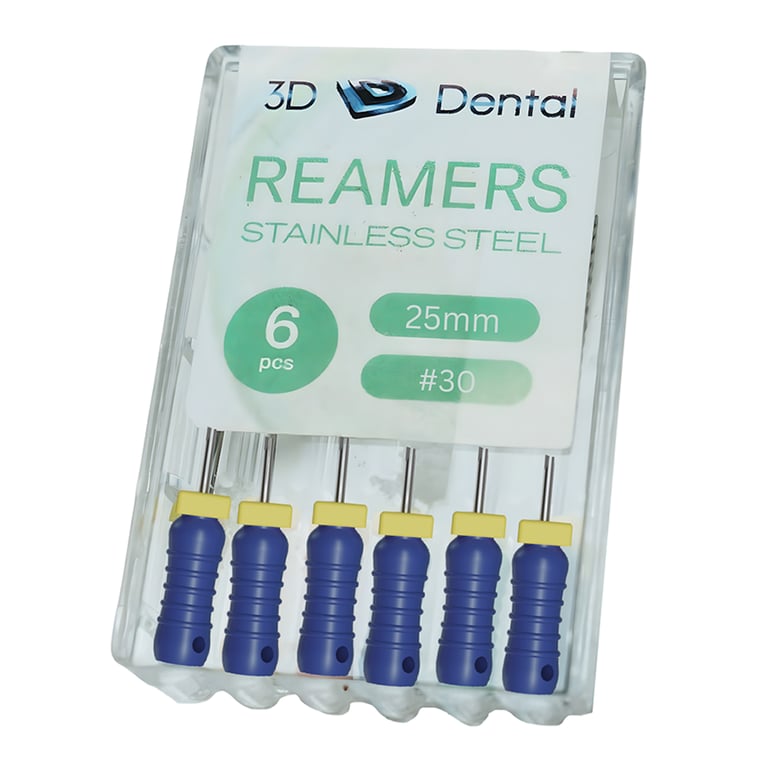 3D Endo Stainless Steel Reamers, 25mm, #30, 6/Pk. Featuring pre-mounted silicone stops, ribbed