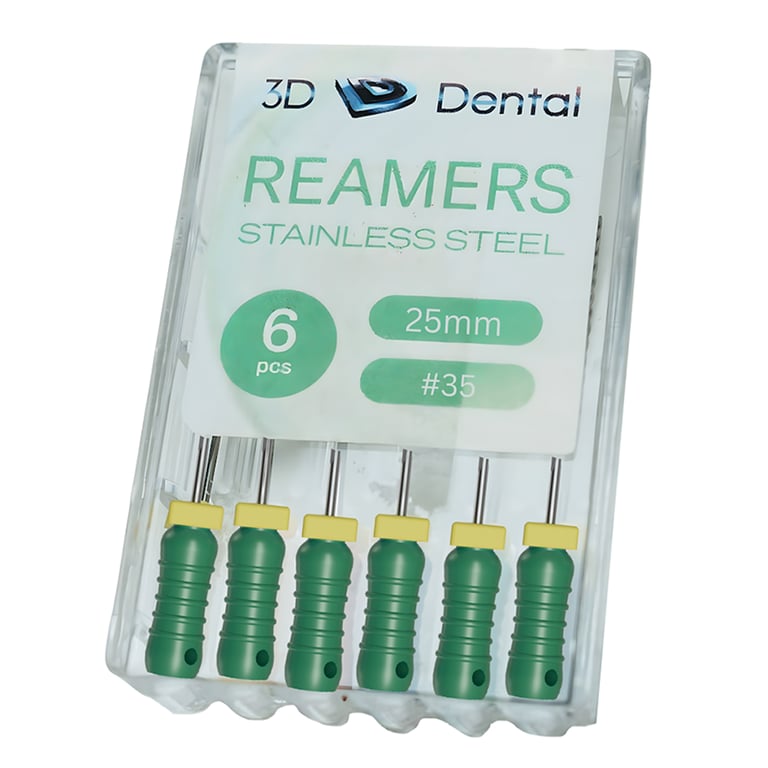 3D Endo Stainless Steel Reamers, 25mm, #35, 6/Pk. Featuring pre-mounted silicone stops, ribbed