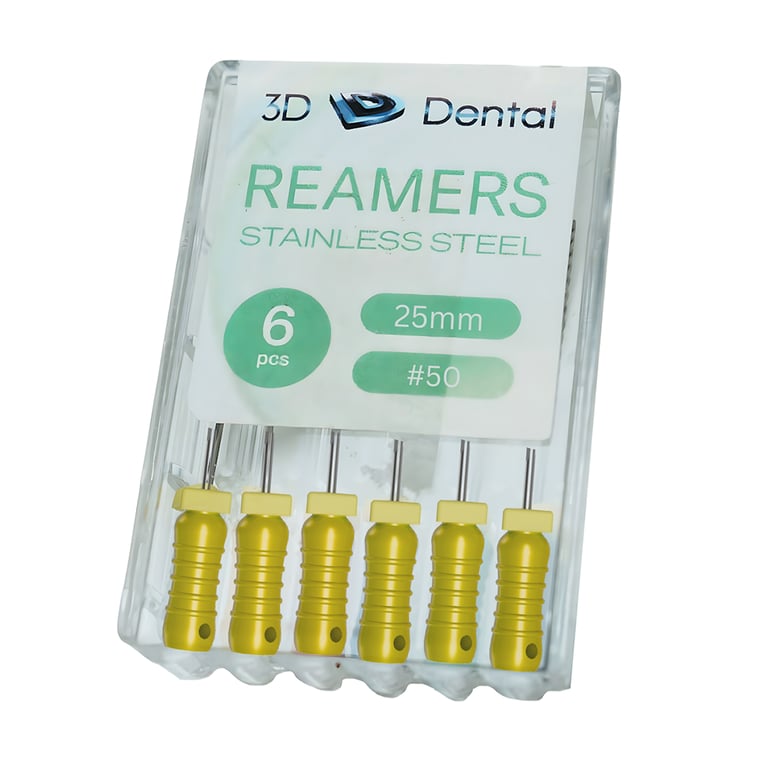 3D Endo Stainless Steel Reamers, 25mm, #50, 6/Pk. Featuring pre-mounted silicone stops, ribbed