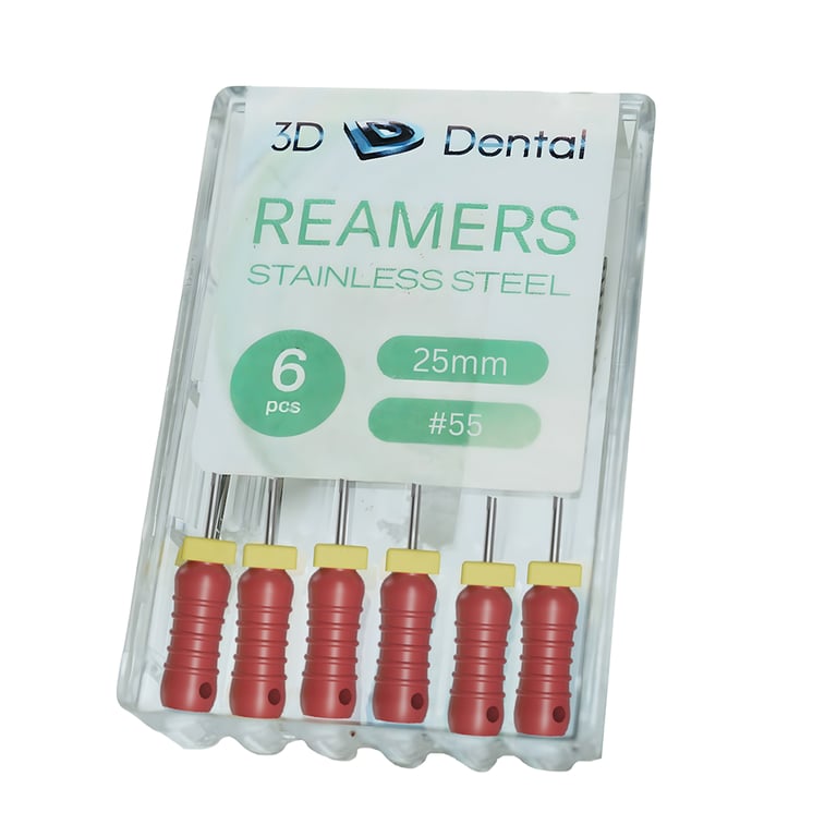 3D Endo Stainless Steel Reamers, 25mm, #55, 6/Pk. Featuring pre-mounted silicone stops, ribbed