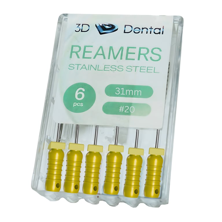 3D Endo Stainless Steel Reamers, 31mm, #20, 6/Pk. Featuring pre-mounted silicone stops, ribbed
