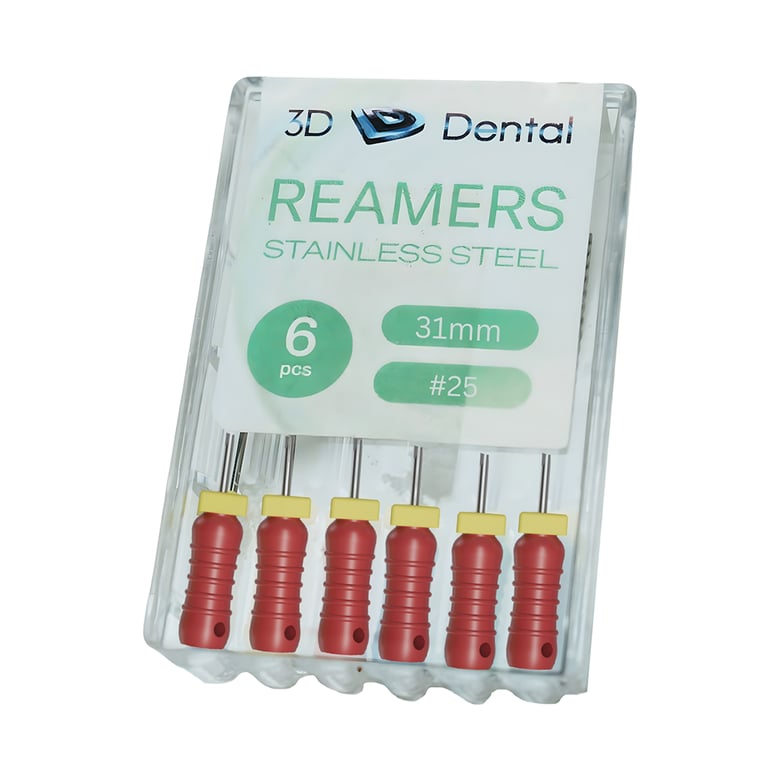 3D Endo Stainless Steel Reamers, 31mm, #25, 6/Pk. Featuring pre-mounted silicone stops, ribbed