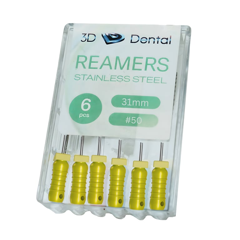 3D Endo Stainless Steel Reamers, 31mm, #50, 6/Pk. Featuring pre-mounted silicone stops, ribbed