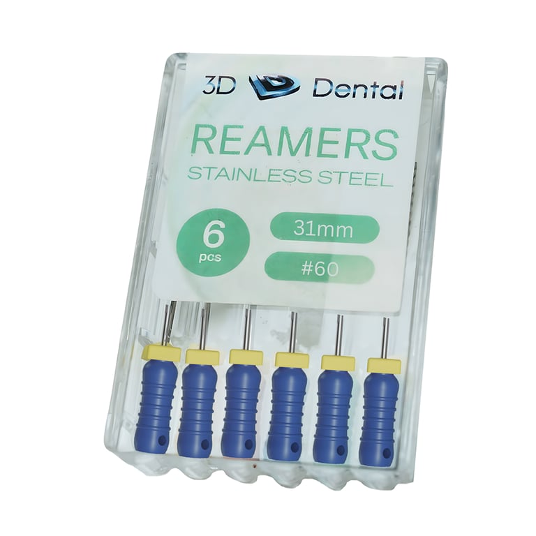3D Endo Stainless Steel Reamers, 31mm, #60, 6/Pk. Featuring pre-mounted silicone stops, ribbed