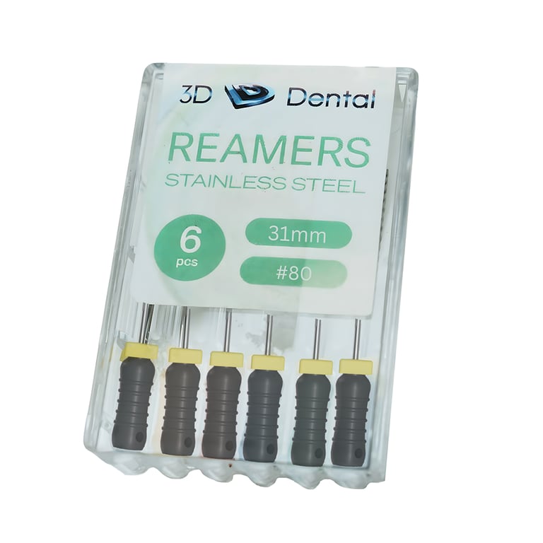 3D Endo Stainless Steel Reamers, 31mm, #80, 6/Pk. Featuring pre-mounted silicone stops, ribbed