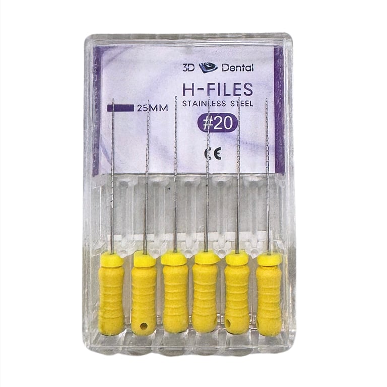 3D Endo Stainless Steel H-Files, 25mm, #20, 6/Pk. Flexible and durable, ideal for shaping curved