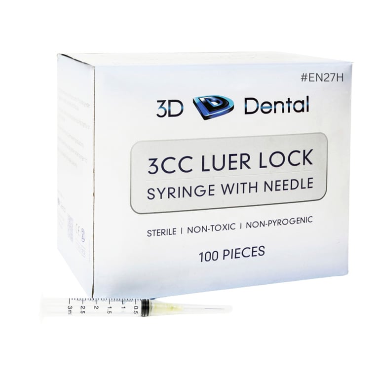 3D Endo 3cc Irrigation Syringes Half Cut Needle, Yellow, 100/Pk. 27 gauge, rounded or notched ends