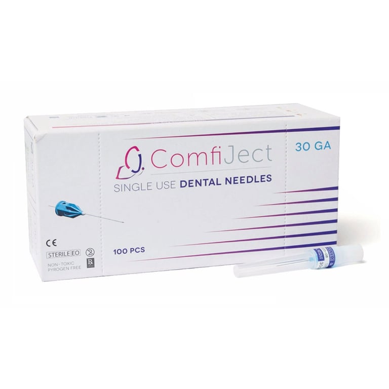 ComfiJect Dental Anesthetic Needles, 30G x 21 mm Short (0.3 x 21mm), 100/Box. Beveled with an