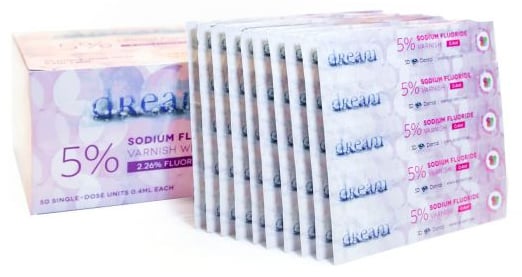 Dream 5% Fluoride Varnish, Spearmint, 0.4 mL Unit Dose, 50/Box. Includes Brush and paste on one