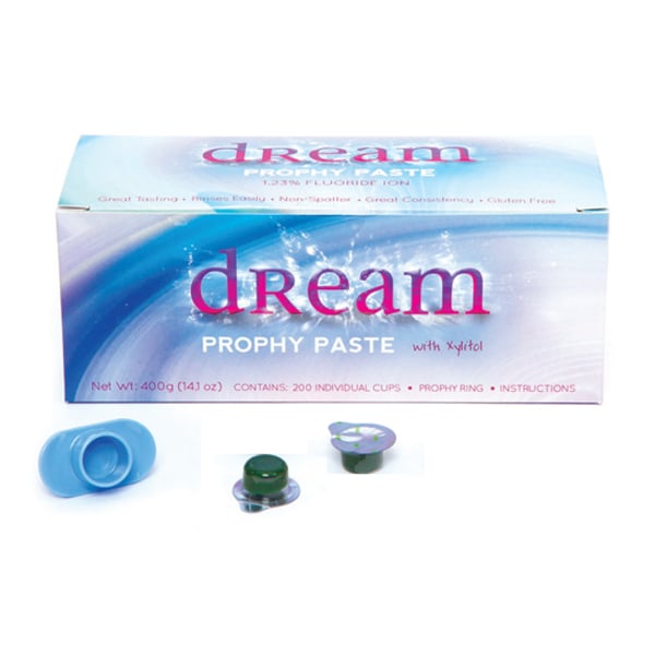Dream Medium Grit, Mint flavored Prophy Paste with 1.23% Fluoride, 200/Box. Contains Xylitol, 1