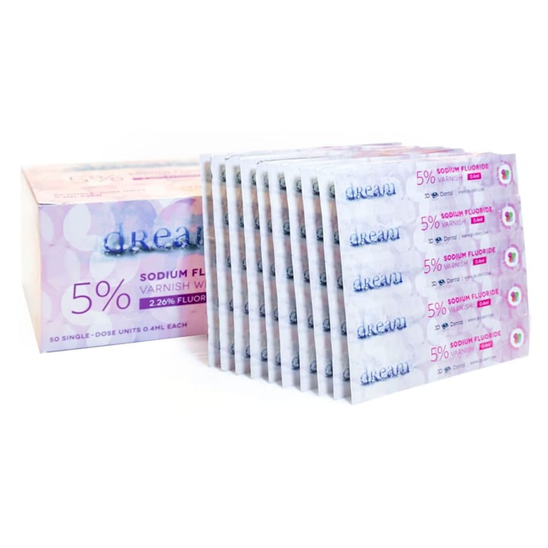 Dream 5% Fluoride Varnish, Bubble Gum, 0.4 mL Unit Dose, 50/Box. Includes brush and paste on one