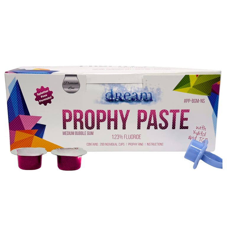 Dream Splatter Free Prophy Paste Cups with Xylitol, Medium Bubble Gum, 200/Pk (PP-BGM-NS)