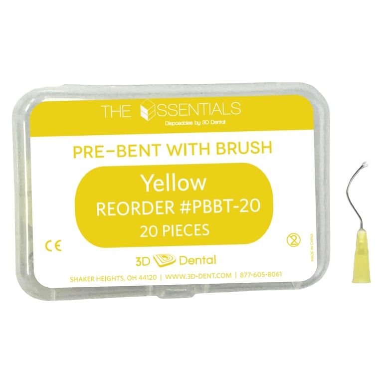 Essentials 19ga Pre-Bent Brush Applicator Tip, Yellow, 20/Bx. Delivers a smooth liquid flow during