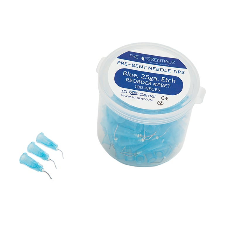 Essentials Pre-Bent Needle Tips, 25 ga, Blue, 100/Pk. Blunt end tips made for use with etchants