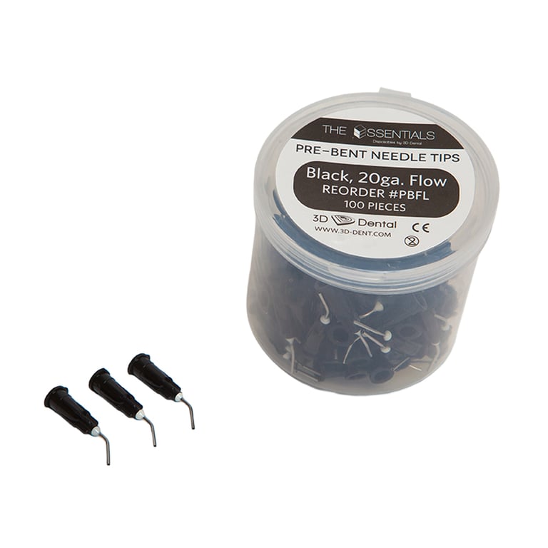 Essentials Pre-Bent Needle Tips, 20 ga, Black, 100/Pk. Blunt end tips made for use with etchants
