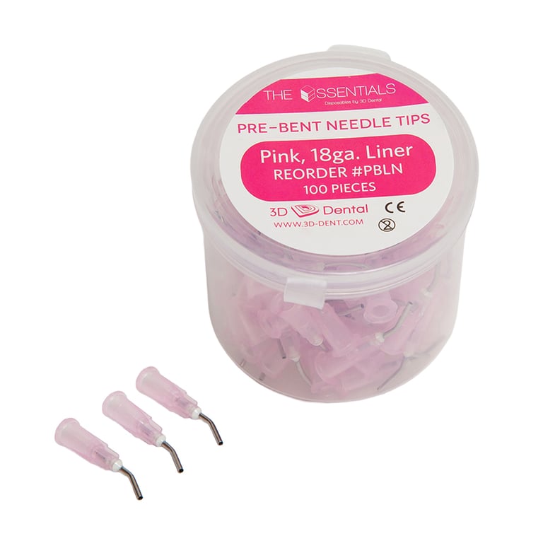 Essentials Pre-Bent Needle Tips, 18 ga, Pink, 100/Pk. Blunt end tips made for use with etchants