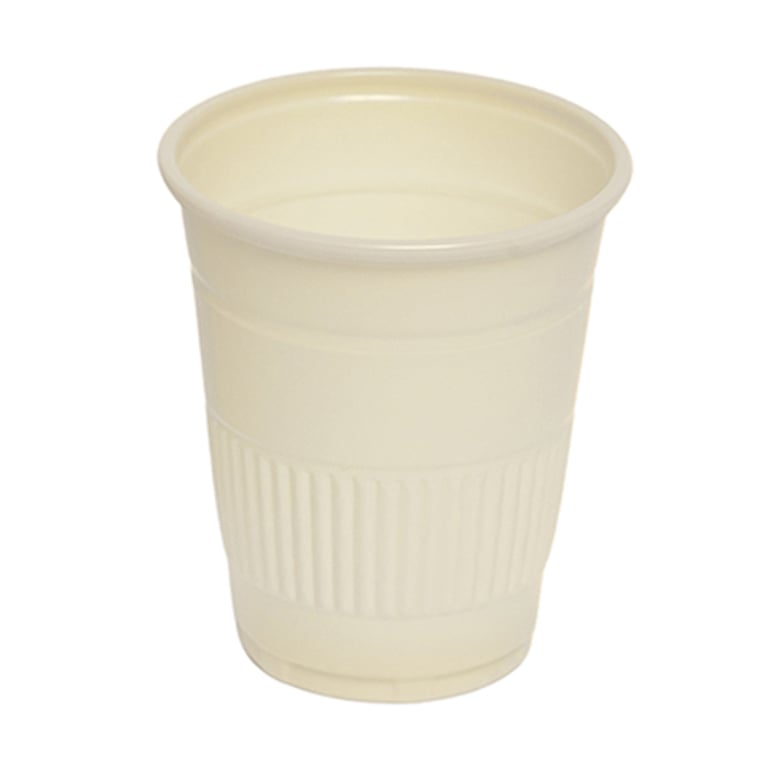 Essentials Plastic 5 oz Drinking Cups, Beige, 1000/Case. Disposable cups feature an embossed grip